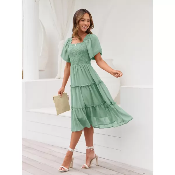 LILLUSORY Women's Summer Casual Flutter Sleeve Square Neck Smocked Midi Dress