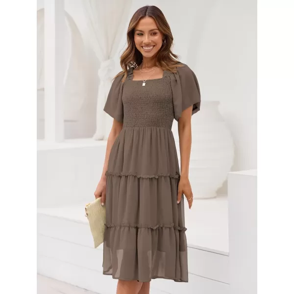 LILLUSORY Women's Summer Casual Flutter Sleeve Square Neck Smocked Midi Dress