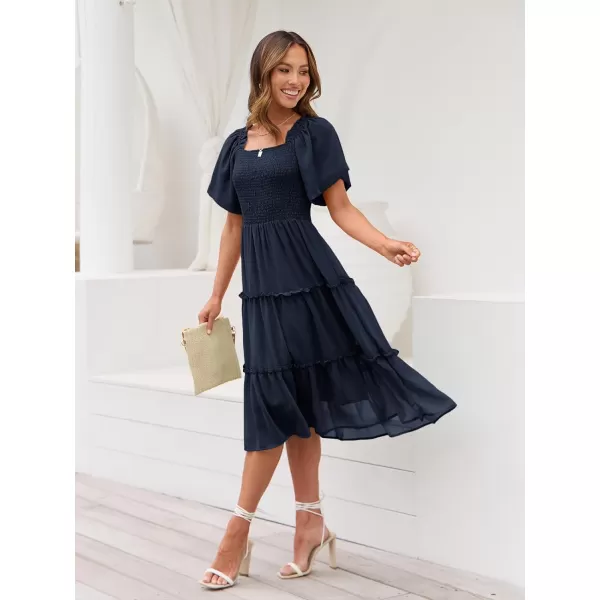 LILLUSORY Women's Summer Casual Flutter Sleeve Square Neck Smocked Midi Dress