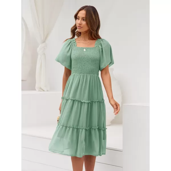 LILLUSORY Women's Summer Casual Flutter Sleeve Square Neck Smocked Midi Dress