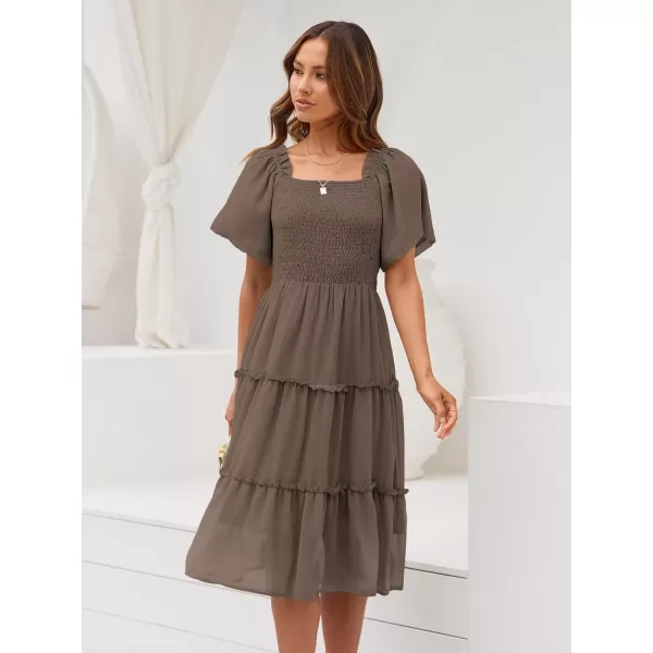 LILLUSORY Women's Summer Casual Flutter Sleeve Square Neck Smocked Midi Dress