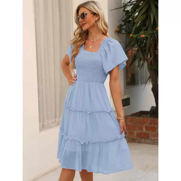 LILLUSORY Women's Summer Casual Flutter Sleeve Square Neck Smocked Midi Dress
