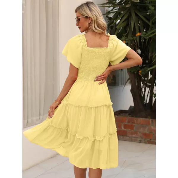 LILLUSORY Women's Summer Casual Flutter Sleeve Square Neck Smocked Midi Dress