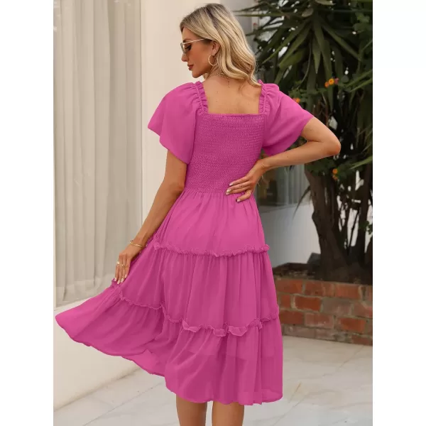 LILLUSORY Women's Summer Casual Flutter Sleeve Square Neck Smocked Midi Dress