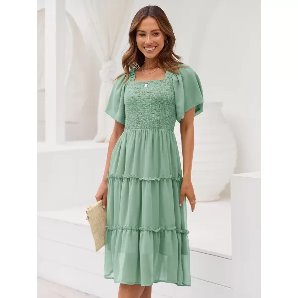 LILLUSORY Women's Summer Casual Flutter Sleeve Square Neck Smocked Midi Dress