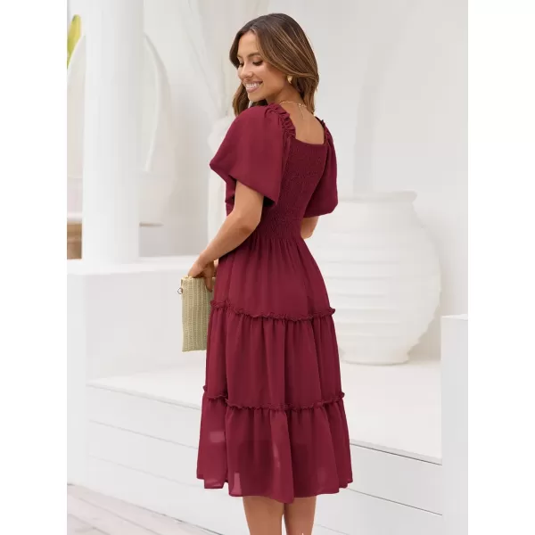 LILLUSORY Women's Summer Casual Flutter Sleeve Square Neck Smocked Midi Dress