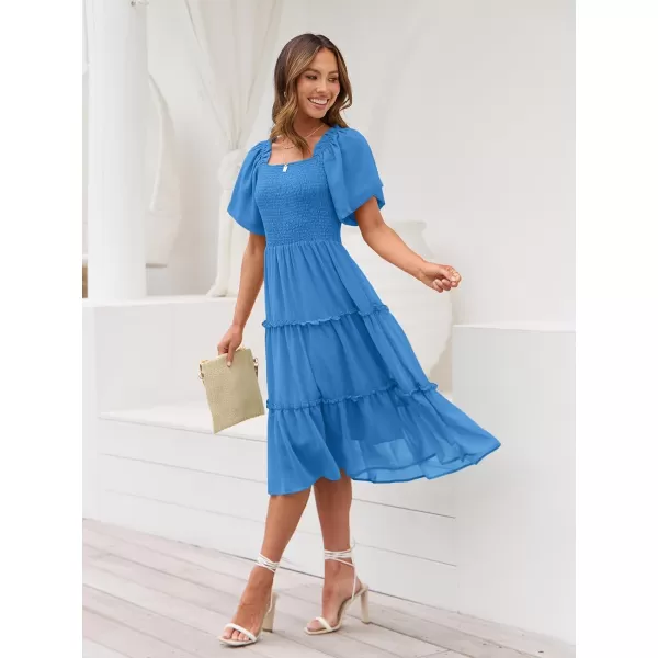 LILLUSORY Women's Summer Casual Flutter Sleeve Square Neck Smocked Midi Dress