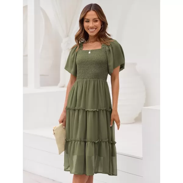 LILLUSORY Women's Summer Casual Flutter Sleeve Square Neck Smocked Midi Dress