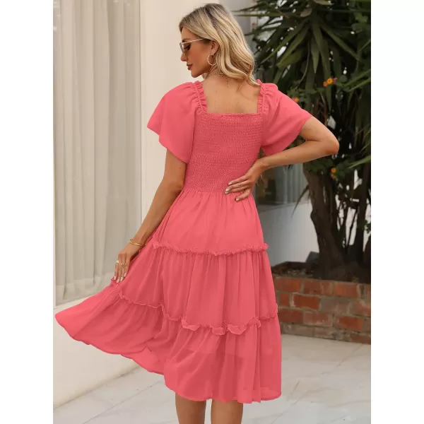 LILLUSORY Women's Summer Casual Flutter Sleeve Square Neck Smocked Midi Dress