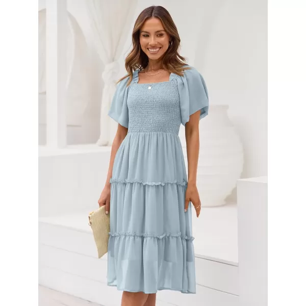 LILLUSORY Women's Summer Casual Flutter Sleeve Square Neck Smocked Midi Dress
