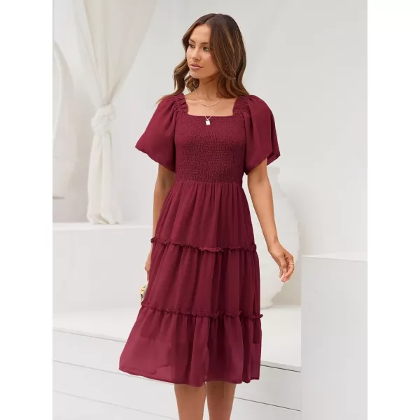 LILLUSORY Women's Summer Casual Flutter Sleeve Square Neck Smocked Midi Dress