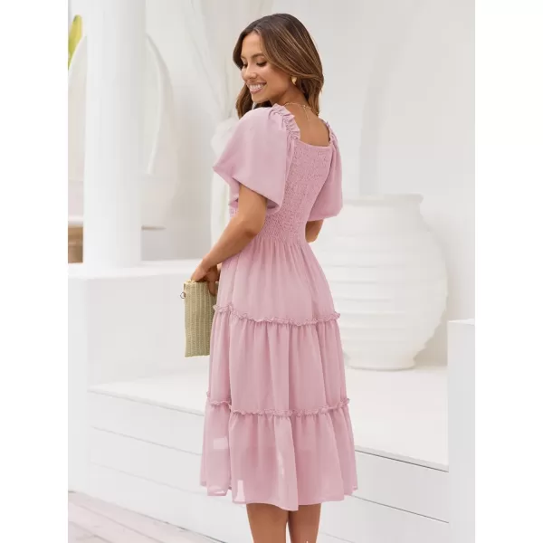 LILLUSORY Women's Summer Casual Flutter Sleeve Square Neck Smocked Midi Dress