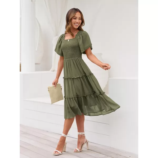 LILLUSORY Women's Summer Casual Flutter Sleeve Square Neck Smocked Midi Dress
