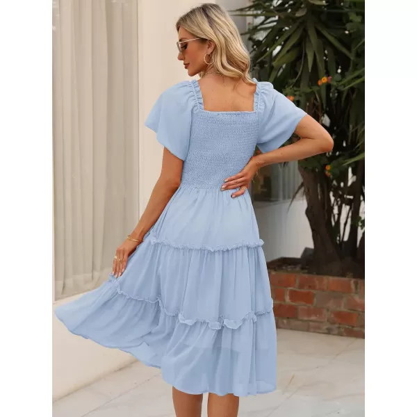 LILLUSORY Women's Summer Casual Flutter Sleeve Square Neck Smocked Midi Dress