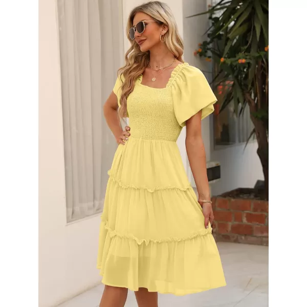 LILLUSORY Women's Summer Casual Flutter Sleeve Square Neck Smocked Midi Dress