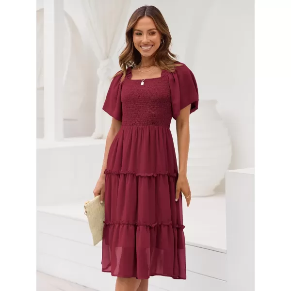LILLUSORY Women's Summer Casual Flutter Sleeve Square Neck Smocked Midi Dress