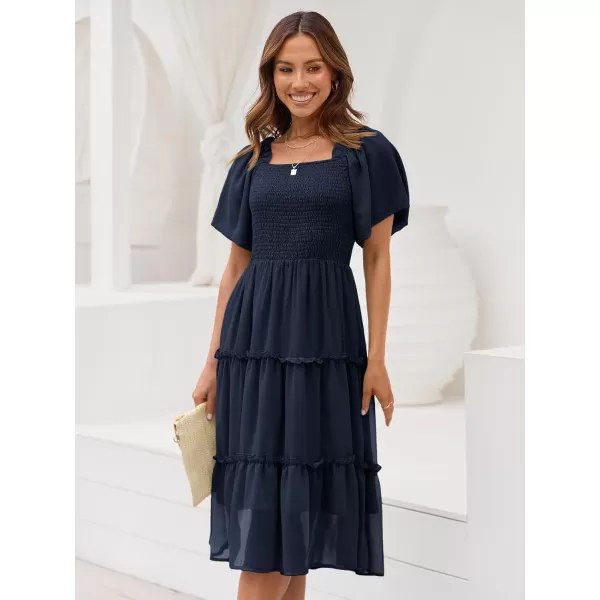 LILLUSORY Women's Summer Casual Flutter Sleeve Square Neck Smocked Midi Dress