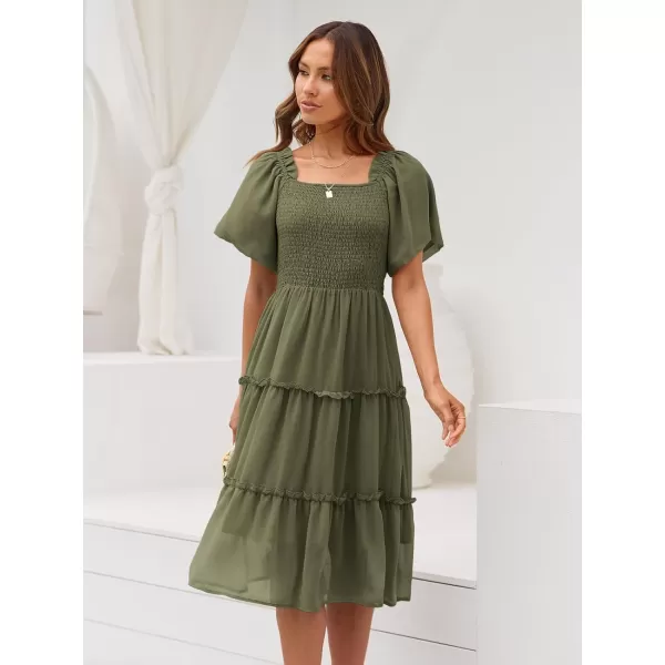 LILLUSORY Women's Summer Casual Flutter Sleeve Square Neck Smocked Midi Dress