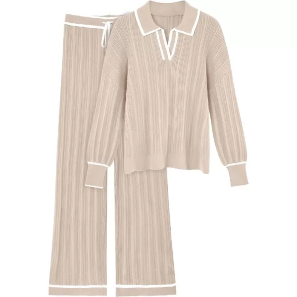 LILLUSORY Women's 2 Piece Outfits Knit Lounge Sets V Neck Sweater Top And Wide Leg Pants Sweatsuit