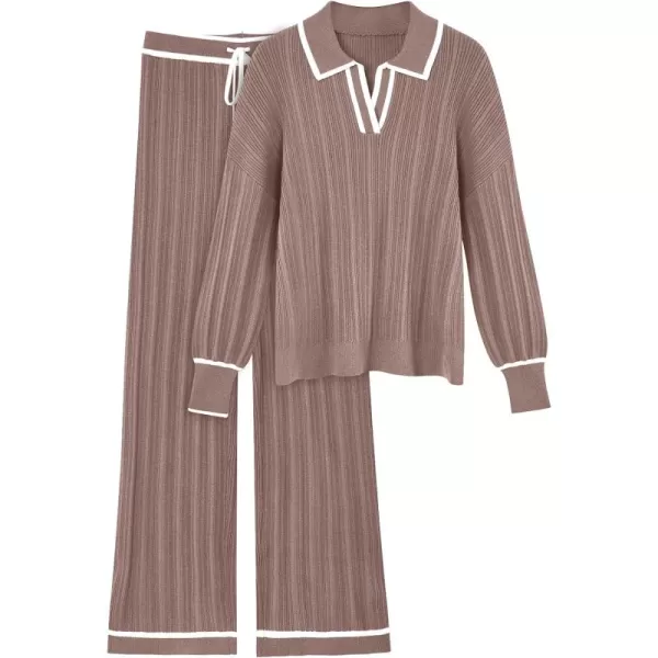 LILLUSORY Women's 2 Piece Outfits Knit Lounge Sets V Neck Sweater Top And Wide Leg Pants Sweatsuit
