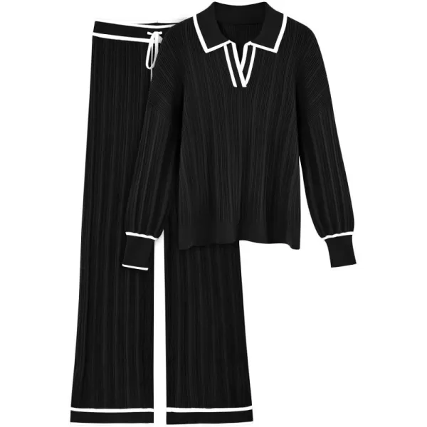 LILLUSORY Women's 2 Piece Outfits Knit Lounge Sets V Neck Sweater Top And Wide Leg Pants Sweatsuit