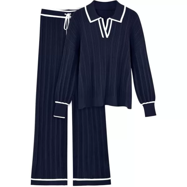 LILLUSORY Women's 2 Piece Outfits Knit Lounge Sets V Neck Sweater Top And Wide Leg Pants Sweatsuit
