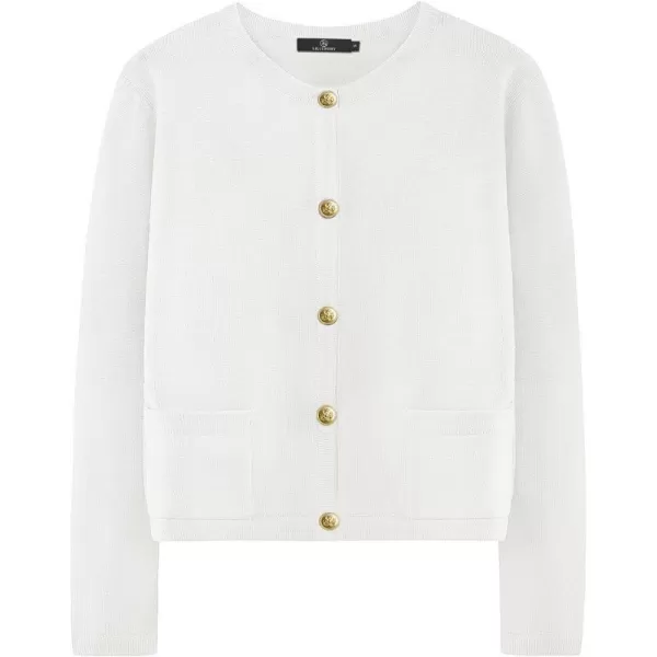 LILLUSORY Women's Crew Neck Gold Buttons Cardigan Sweaters Lady Jacket with Patch Pockets