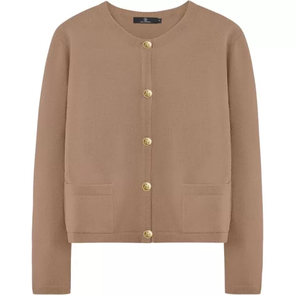 LILLUSORY Women's Crew Neck Gold Buttons Cardigan Sweaters Lady Jacket with Patch Pockets