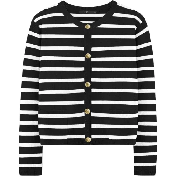 LILLUSORY Women's Crew Neck Gold Buttons Cardigan Sweaters Lady Jacket with Patch Pockets