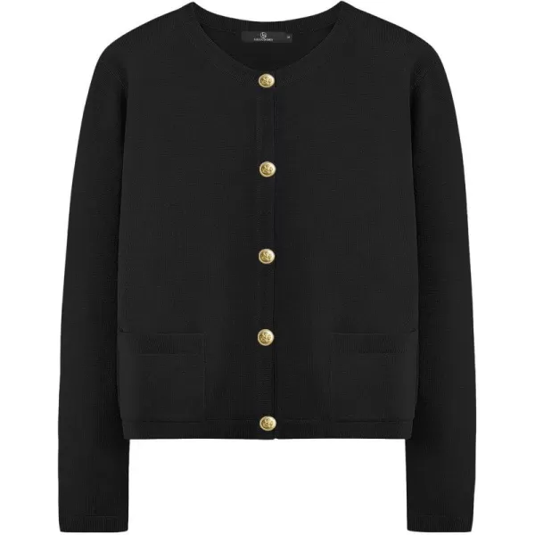 LILLUSORY Women's Crew Neck Gold Buttons Cardigan Sweaters Lady Jacket with Patch Pockets