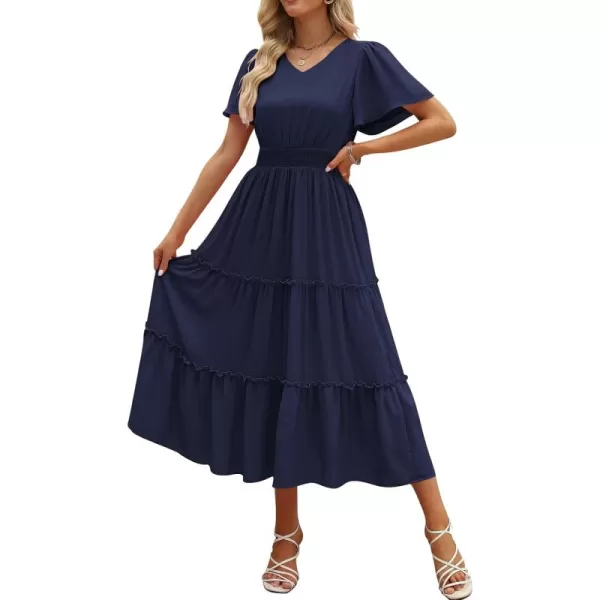 LILLUSORY Womens Smocked Modest Flowy Tiered Maxi Dresses 2023 Summer Casual Short Flutter Sleeve Long Dress