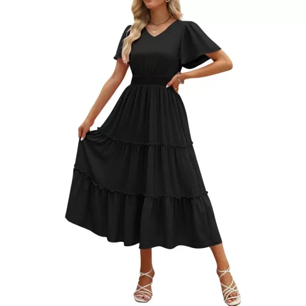 LILLUSORY Womens Smocked Modest Flowy Tiered Maxi Dresses 2023 Summer Casual Short Flutter Sleeve Long Dress