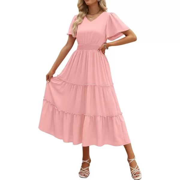 LILLUSORY Womens Smocked Modest Flowy Tiered Maxi Dresses 2023 Summer Casual Short Flutter Sleeve Long Dress