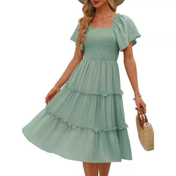 LILLUSORY Women's Summer Casual Flutter Sleeve Square Neck Smocked Midi Dress
