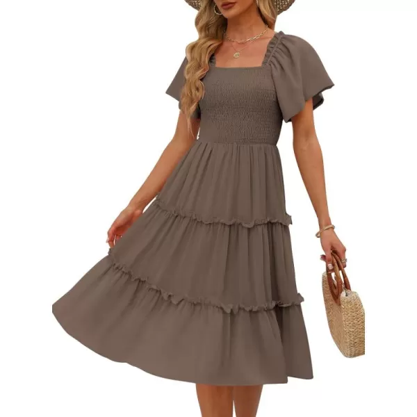 LILLUSORY Women's Summer Casual Flutter Sleeve Square Neck Smocked Midi Dress