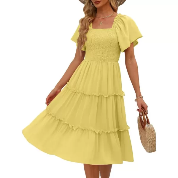 LILLUSORY Women's Summer Casual Flutter Sleeve Square Neck Smocked Midi Dress