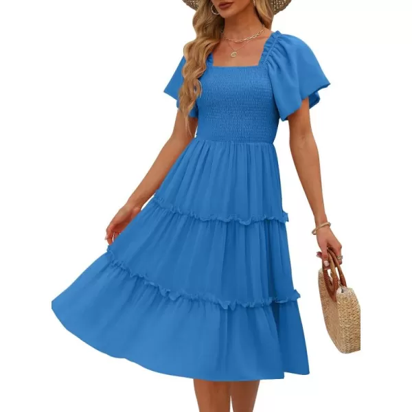 LILLUSORY Women's Summer Casual Flutter Sleeve Square Neck Smocked Midi Dress