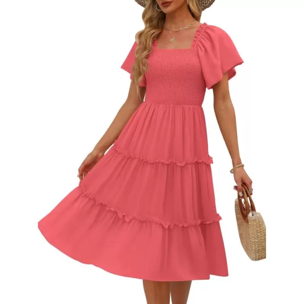 LILLUSORY Women's Summer Casual Flutter Sleeve Square Neck Smocked Midi Dress