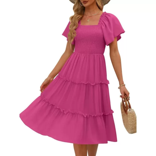 LILLUSORY Women's Summer Casual Flutter Sleeve Square Neck Smocked Midi Dress
