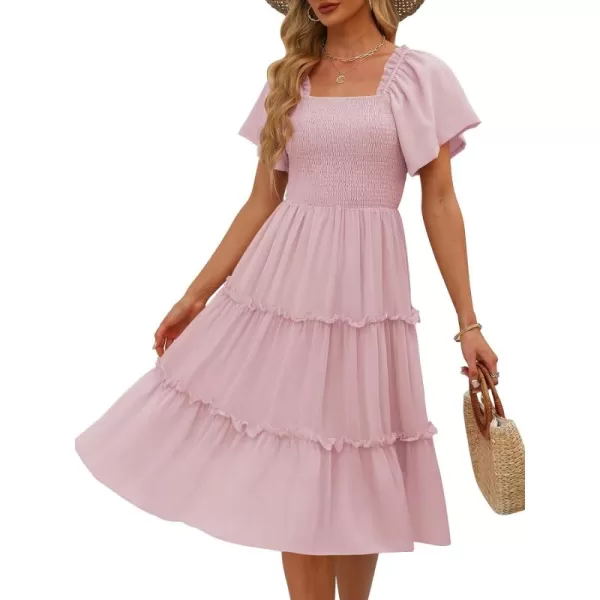 LILLUSORY Women's Summer Casual Flutter Sleeve Square Neck Smocked Midi Dress