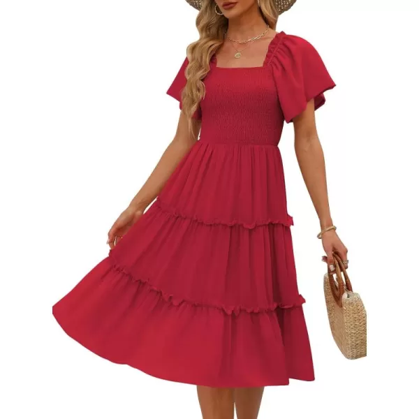 LILLUSORY Women's Summer Casual Flutter Sleeve Square Neck Smocked Midi Dress
