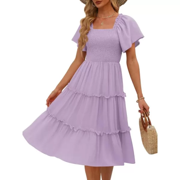 LILLUSORY Women's Summer Casual Flutter Sleeve Square Neck Smocked Midi Dress