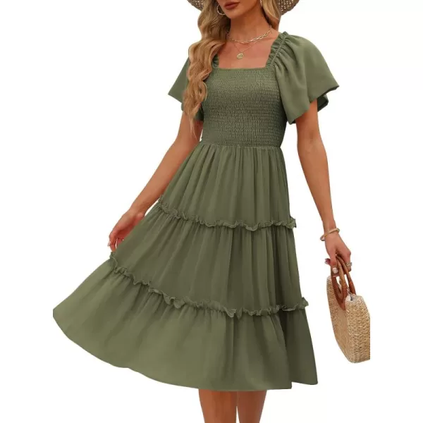 LILLUSORY Women's Summer Casual Flutter Sleeve Square Neck Smocked Midi Dress