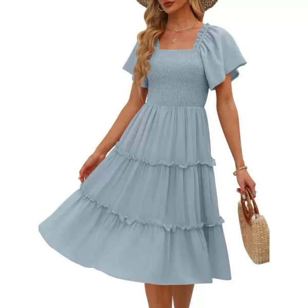 LILLUSORY Women's Summer Casual Flutter Sleeve Square Neck Smocked Midi Dress