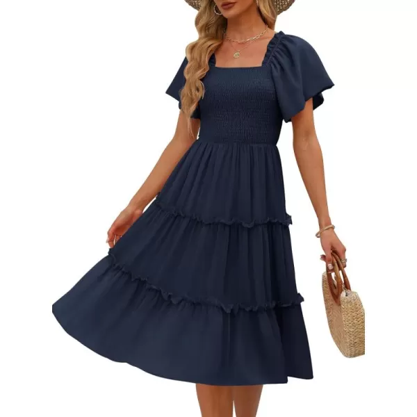 LILLUSORY Women's Summer Casual Flutter Sleeve Square Neck Smocked Midi Dress