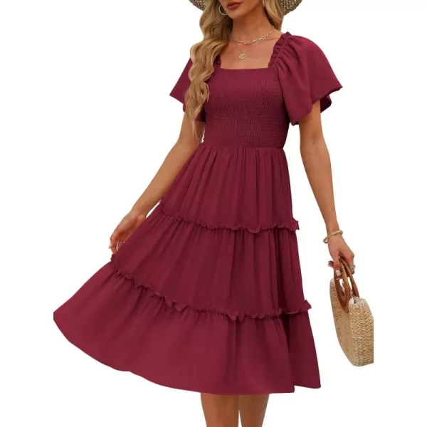 LILLUSORY Women's Summer Casual Flutter Sleeve Square Neck Smocked Midi Dress