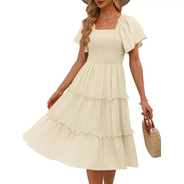 LILLUSORY Women's Summer Casual Flutter Sleeve Square Neck Smocked Midi Dress