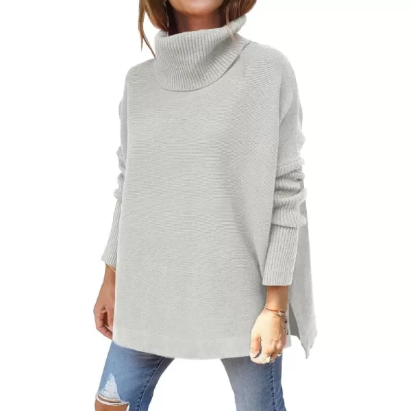 LILLUSORY Womens Turtleneck Oversized Sweaters 2023 Fall Long Batwing Sleeve Spilt Hem Tunic Pullover Sweater Knit TopsSilver