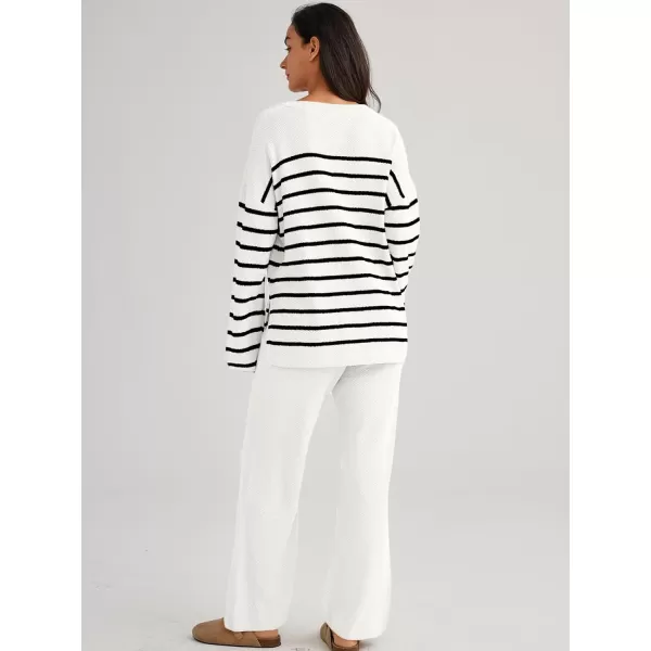 LILLUSORY Womens 2 Piece Lounge Sets Oversized Slouchy Matching Sets Cozy Knit SetsStripes White