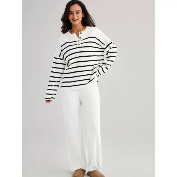 LILLUSORY Womens 2 Piece Lounge Sets Oversized Slouchy Matching Sets Cozy Knit SetsStripes White